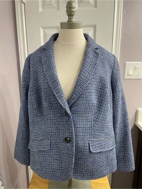Talbots Aberdeen Blue Houndstooth Wool Blend Blazer Jacket Lined 16W Petite